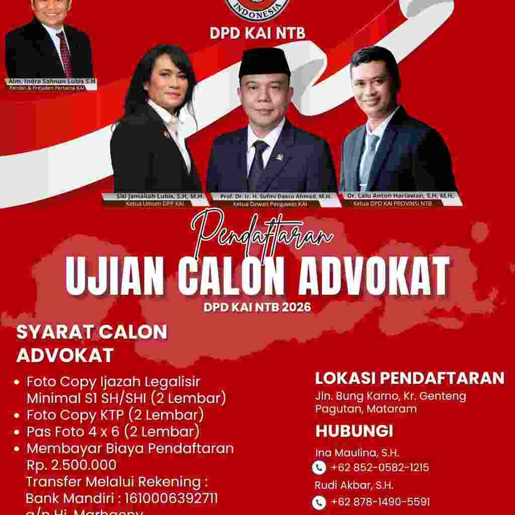DPD KAI NTB Buka Pendaftaran Ujian Calon Advokat 2026, Fokus Cetak Pembela Rakyat Kecil